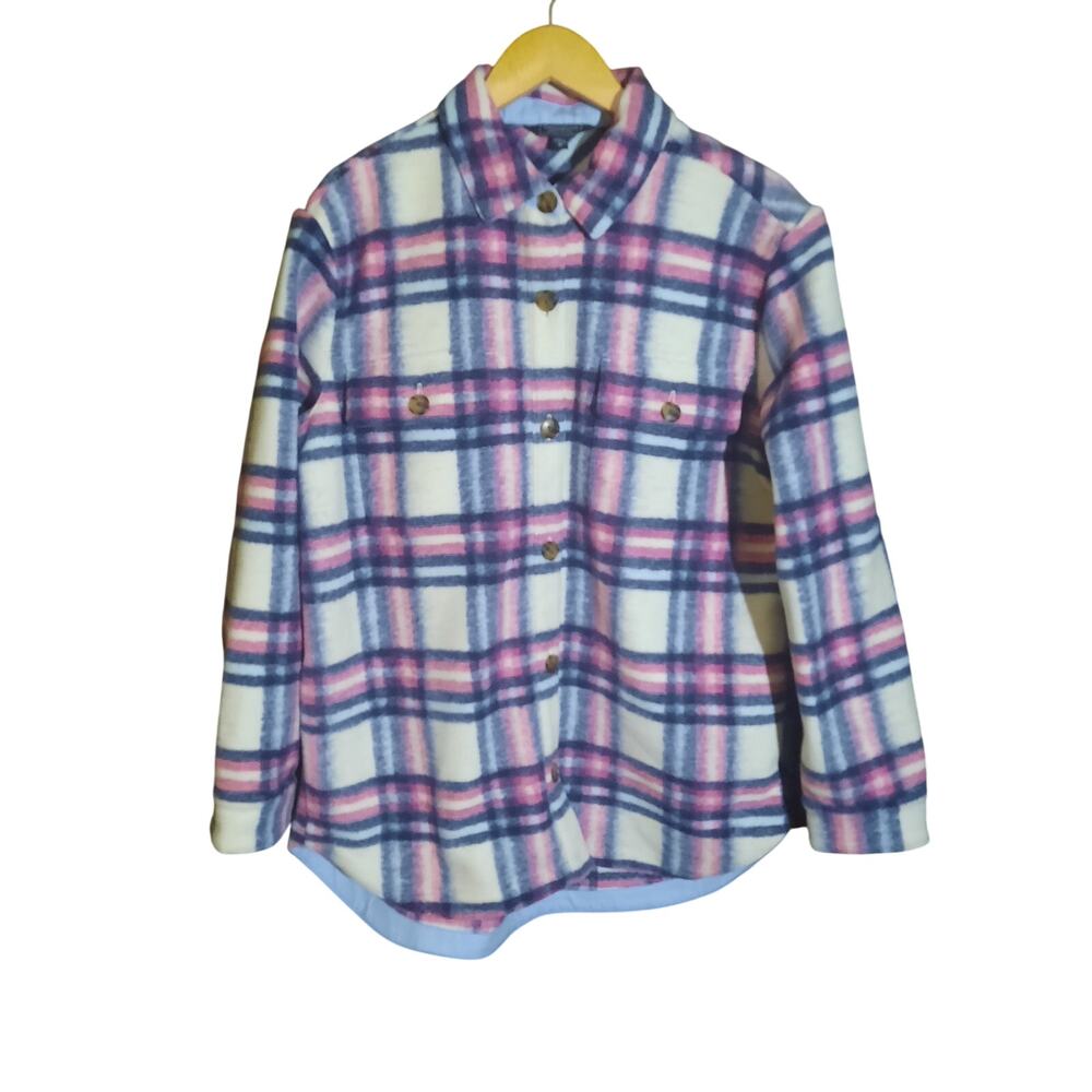Vineyard Vines Womens Oversized Blue and Pink Plaid Print Brushed Shacket Size M